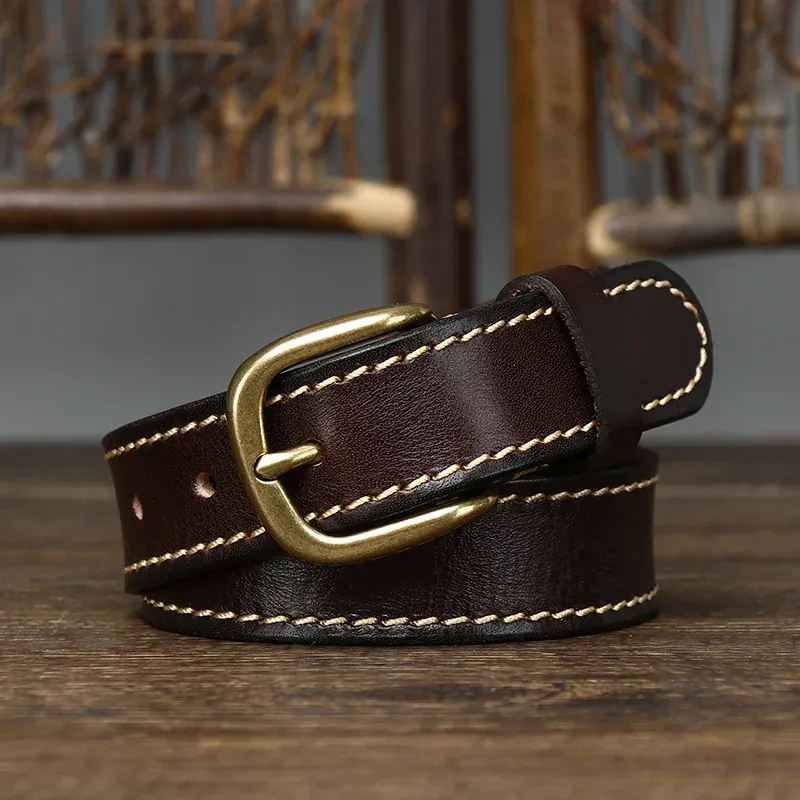 Leather Petite Heritage Belt for Men and Women Classic dark brown leather belt with brass buckle, stylish and durable.