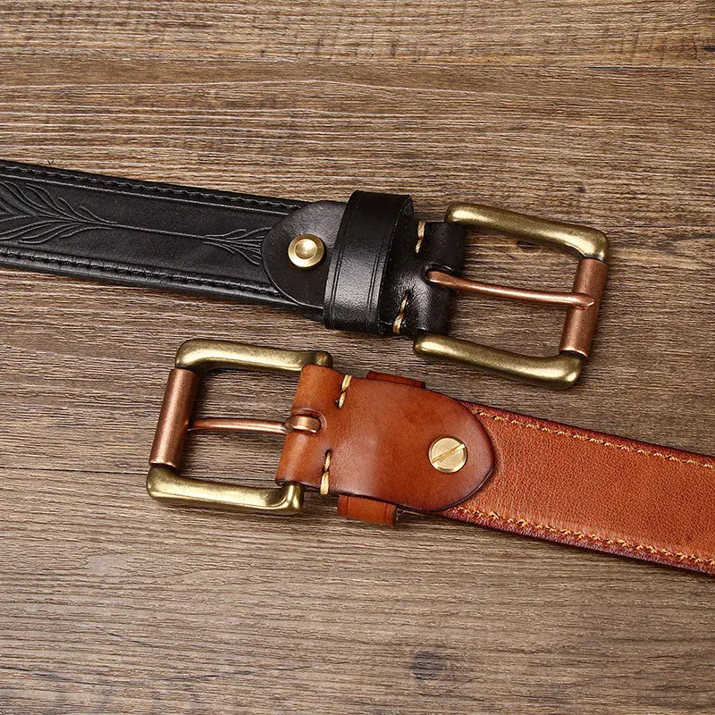 Leather Belt with Brass Buckle High-quality leather belt with brass buckle for a stylish look.