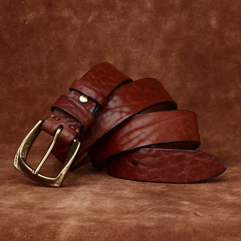 Leather Work Belt with Copper Buckle for Men Heritage copper and cowhide work belt, durable leather with brass buckle.