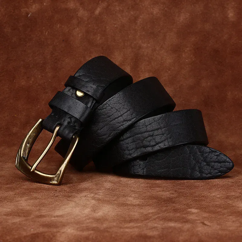 Leather Work Belt with Copper Buckle for Men Black leather work belt with copper buckle, durable and stylish for men.