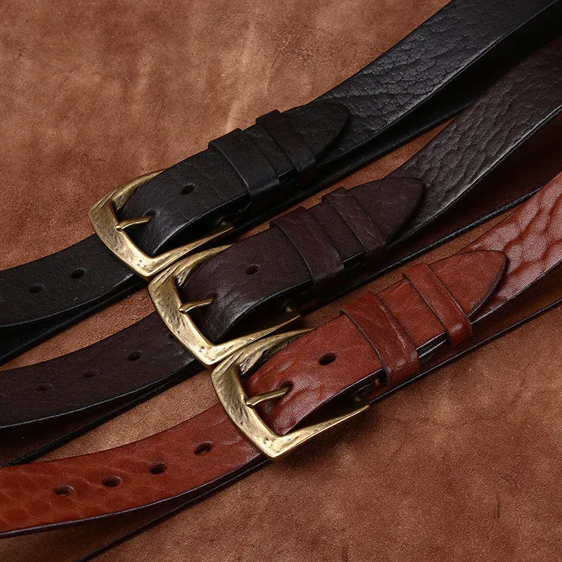 Heritage Copper & Cowhide 3.8cm Work Belt Durable leather work belts with copper buckles in black, brown, and dark brown shades.