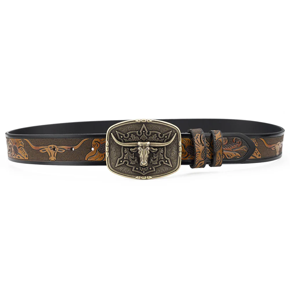 Longhorn Western Rodeo Belt with Leather Detailing Western Rodeo Longhorn Belt with intricate leather design and vintage buckle.