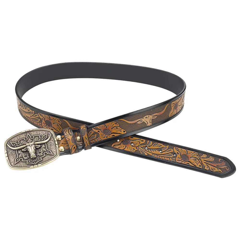 Western Rodeo Leather Belt with Longhorn Buckle Leather belt featuring a detailed Longhorn steer buckle and Western-inspired design.