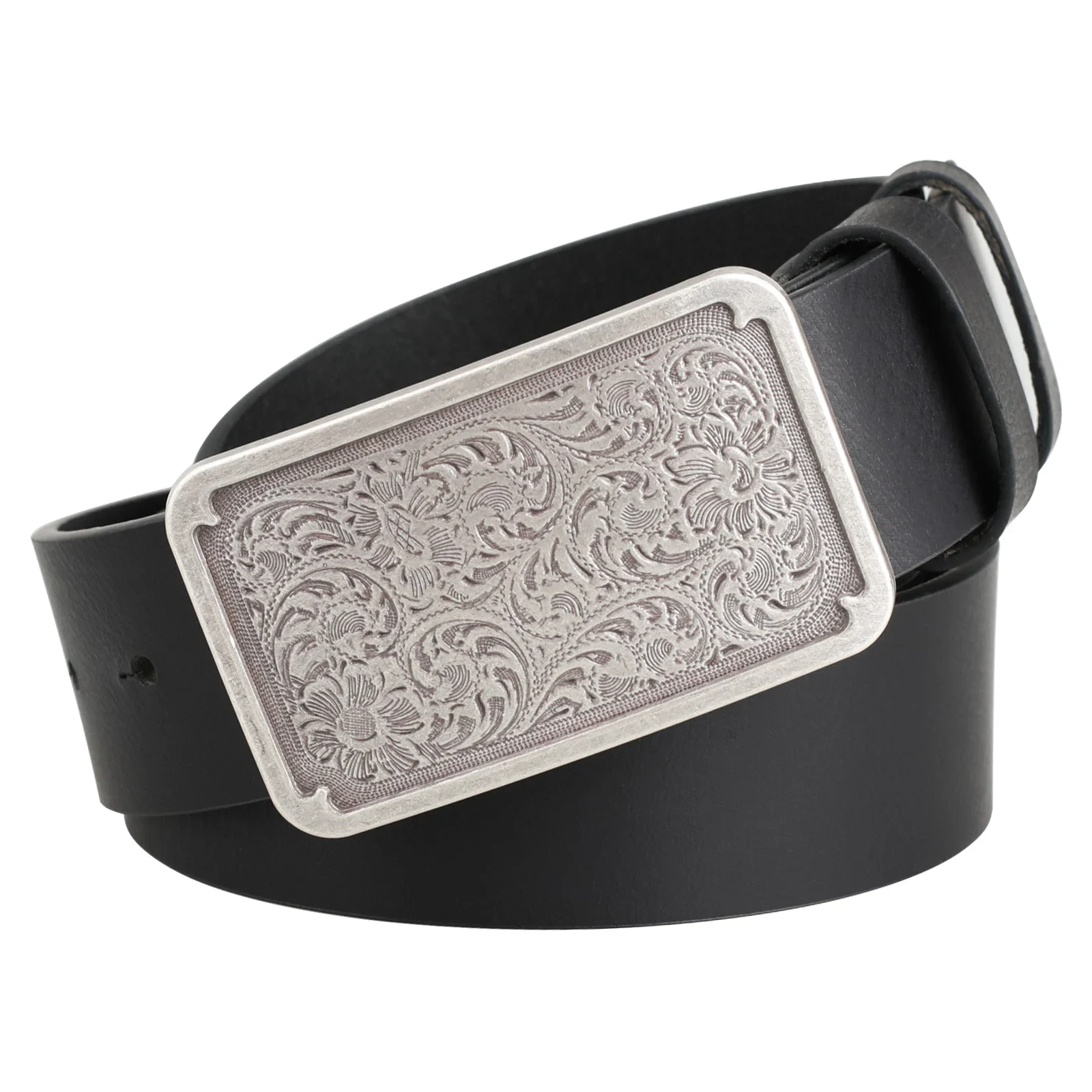 Vintage leather belt with intricate floral silver buckle for retro fashion.