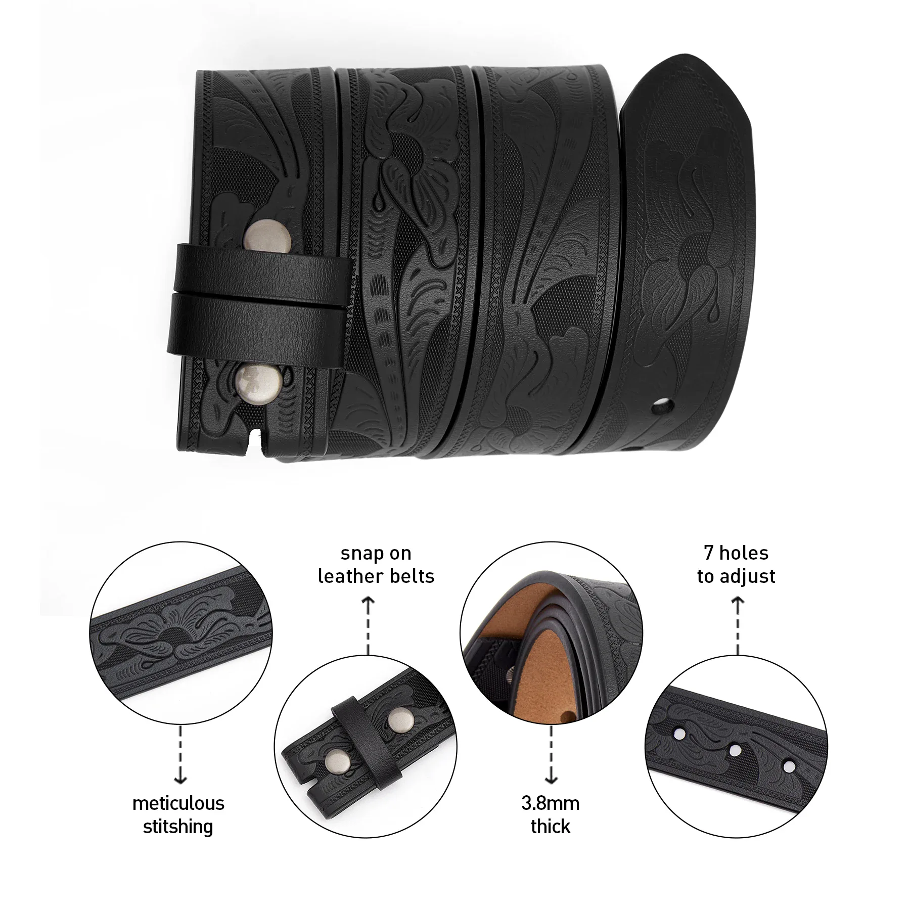 Leather Strap with Embossed Texture Embossed leather strap with intricate texture and adjustable holes.