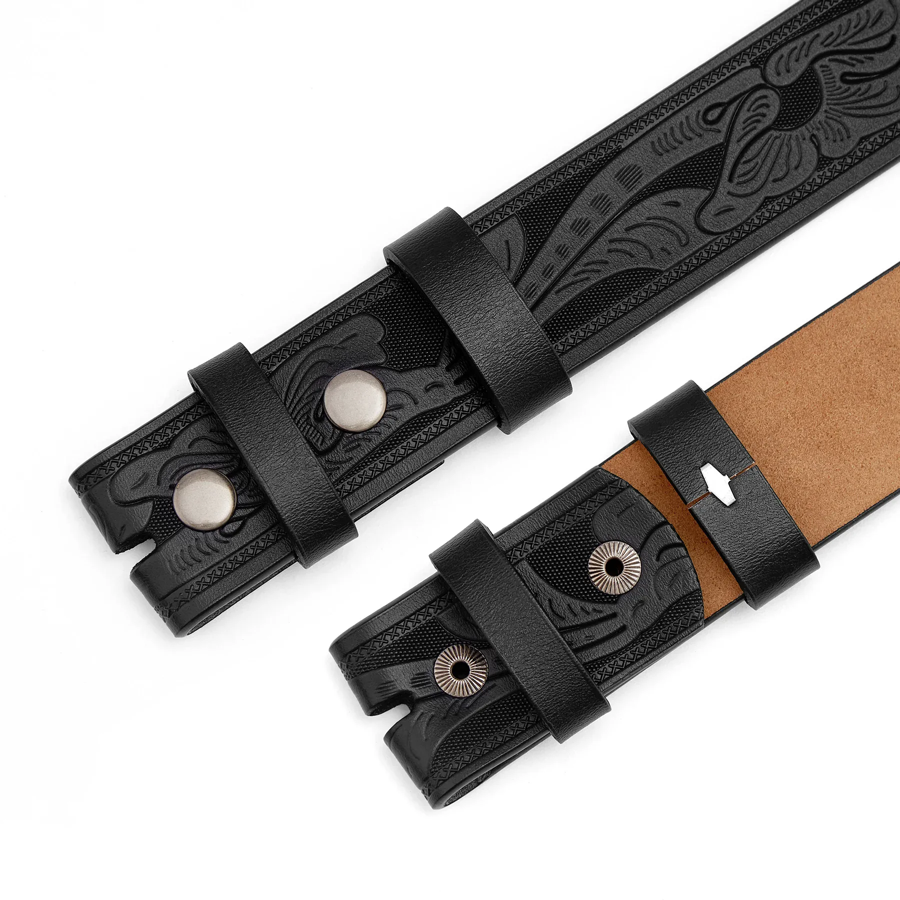 Leather strap with embossed texture and decorative patterns, designed for stylish accessories. Stylish embossed leather strap with intricate patterns and secure snap closures.