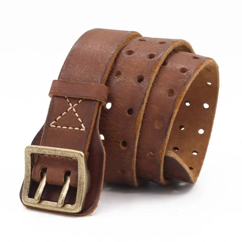 Leather military belt with double-pin buckle for rugged style and durability. Perfect for tactical or casual wear. Vintage leather military belt with double-pin buckle, ideal for tactical and casual outfits.