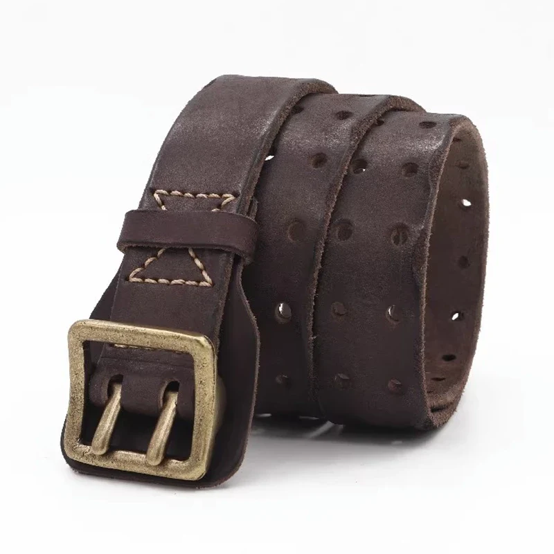 Leather Double-Pin Military Belt for Men Leather double-pin military belt with vintage brass buckle, rugged design, and adjustable fit. Perfe.