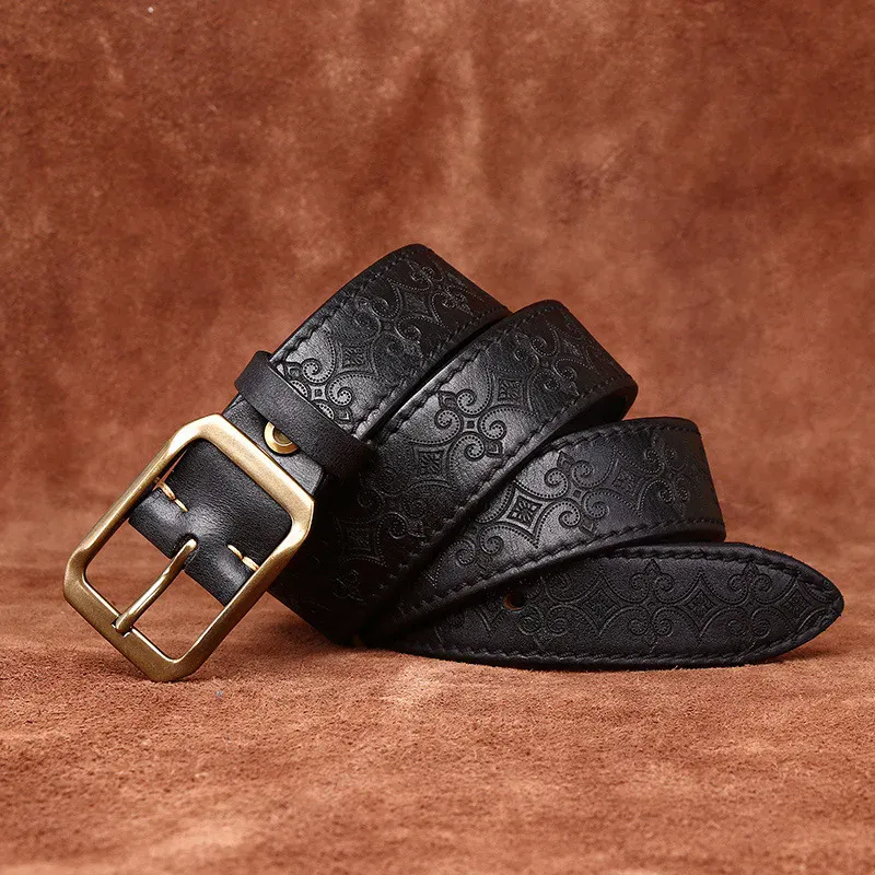 Heritage-Floral Embossed Italian Cowhide Belt Embossed Italian cowhide belt with floral design, gold buckle, and handcrafted quality. Perfect for.