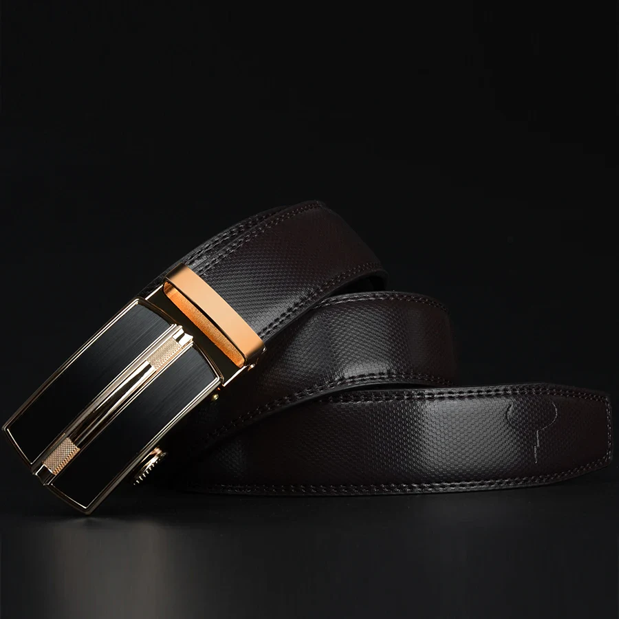 Leather Ratchet Belt with Gold Accents Elegant leather ratchet belt featuring gold-tone buckle for a sophisticated look. Perfect for formal.
