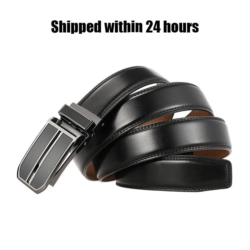 Leather Business Belt – Sleek Cowhide Design Elegant black leather business belt with a modern slim buckle, perfect for professional attire.