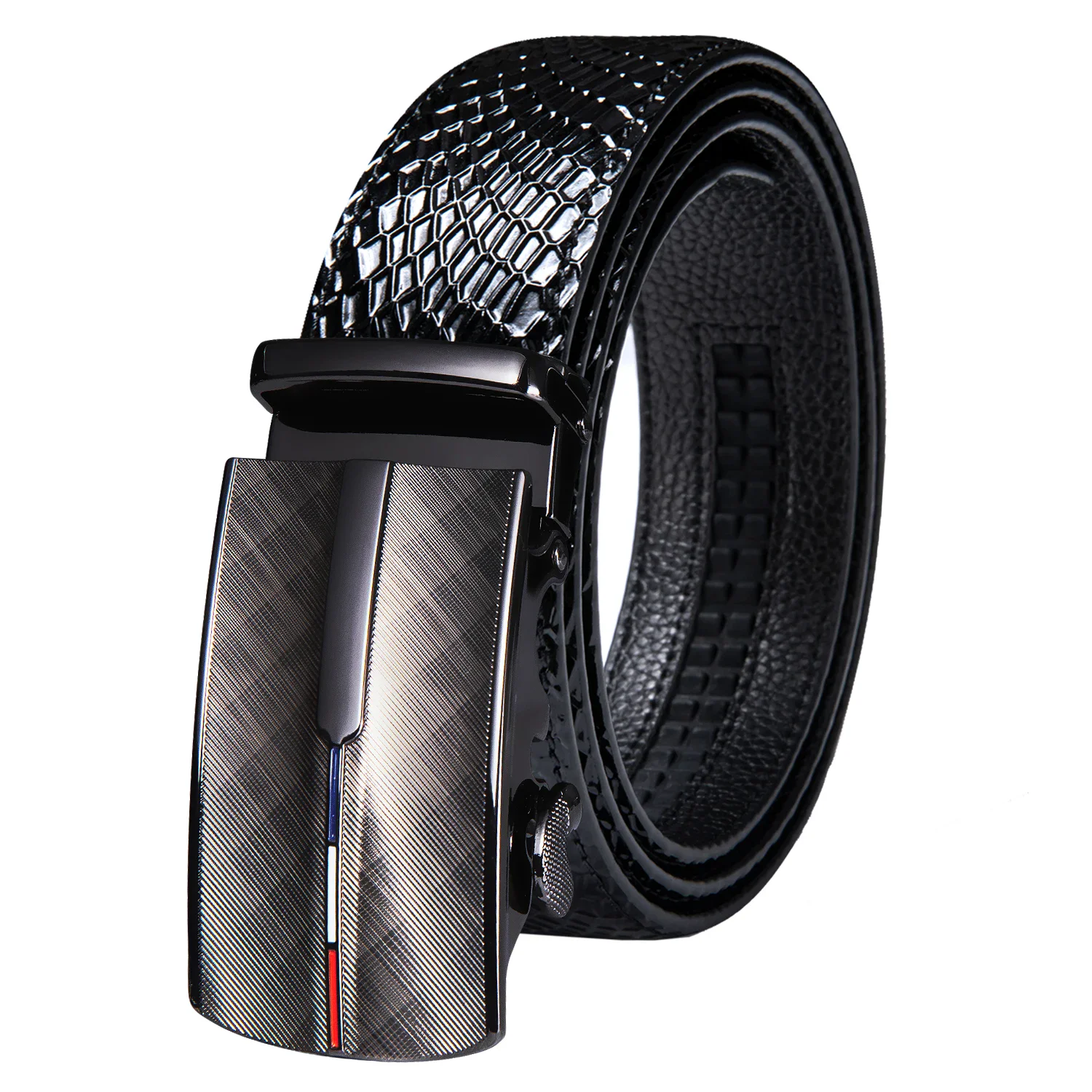 Automatic Buckles Mens Black Leather Belts Emboss Ratchet Strap Waistband Sliding Dress Jeans Belt for Men Wedding Business Gift