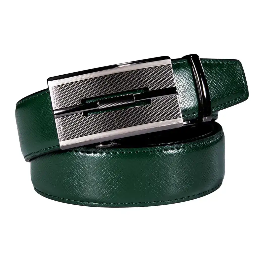 Leather Automatic Ratchet Belt with Green Steel Buckle Elegant green leather belt with a sleek steel automatic ratchet buckle for a modern look.