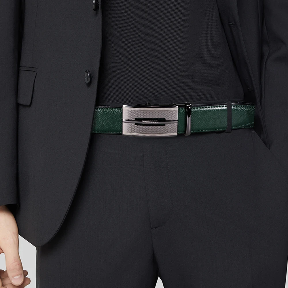Emerald Steel Green Leather Automatic Ratchet Belt Elegant green leather automatic ratchet belt with steel buckle.