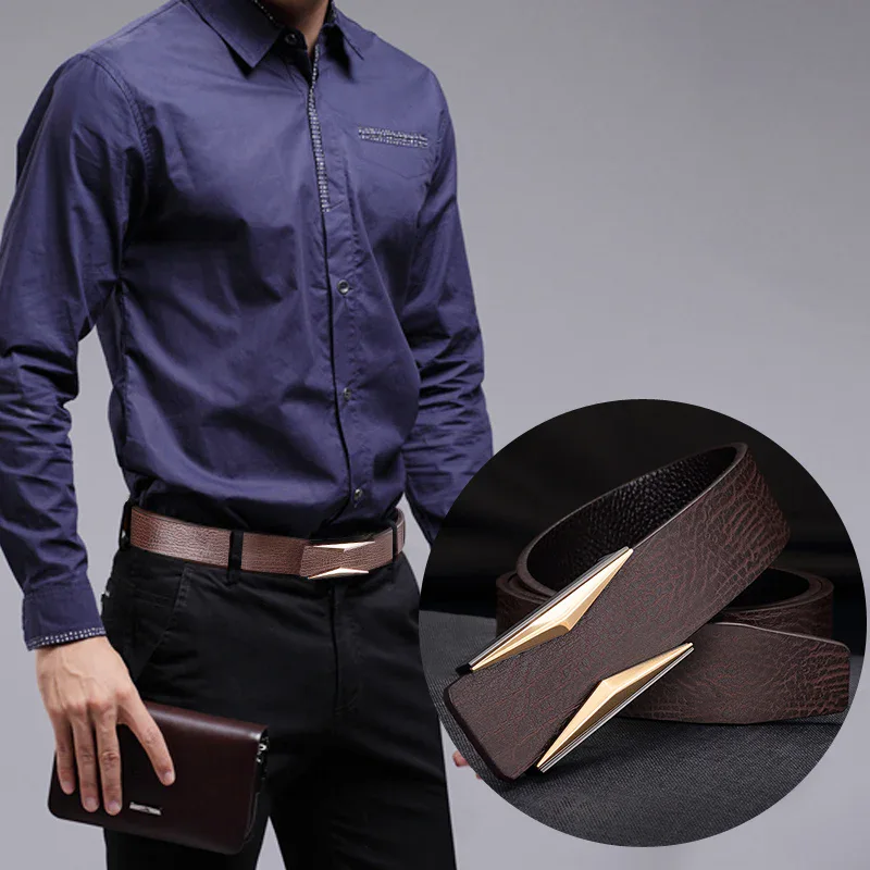 Leather Geometric Lock Belt for Men Leather geometric lock belt with gold-tone buckle for men.