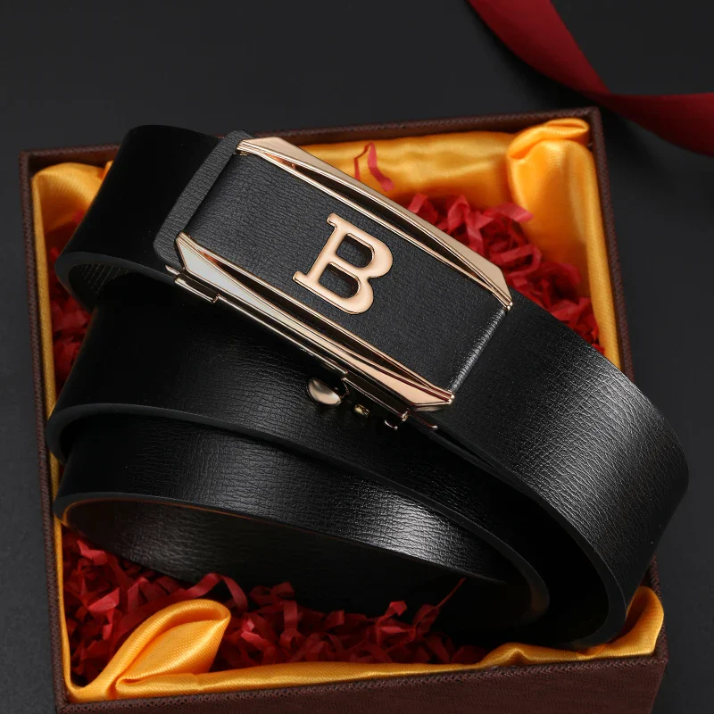 B-Baron Minimalist Designer Belt Elegant black leather automatic belt with gold buckle.