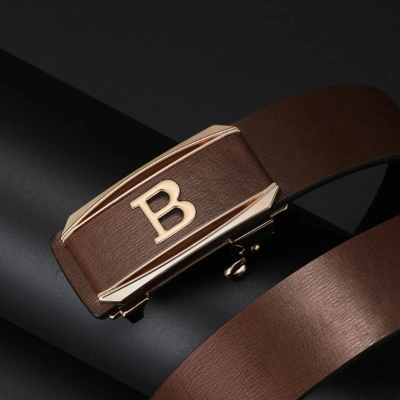 B-Baron Minimalist Designer Automatic Belt Automatic leather belt with gold-tone buckle and B logo detail.
