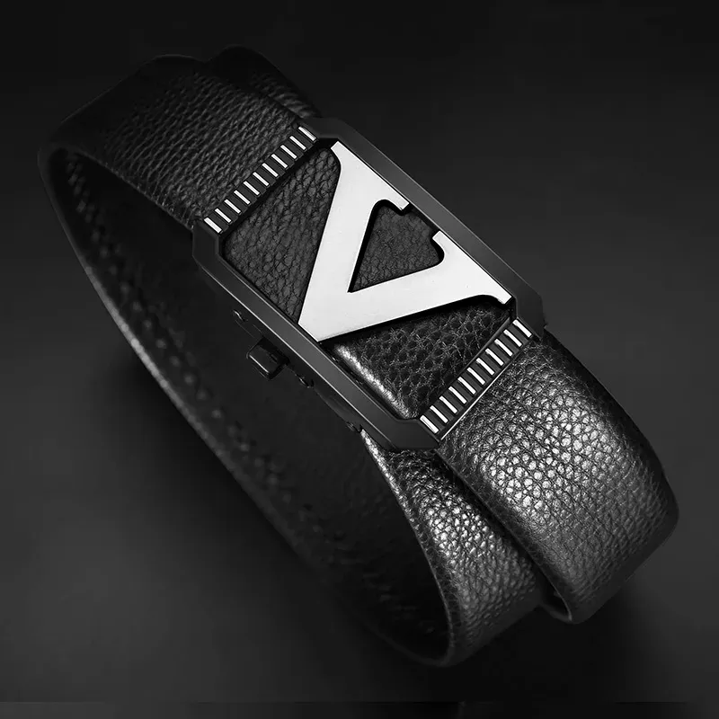 V-Apex Luxury Designer Automatic Belt Elegant black leather designer belt with V-Apex buckle.