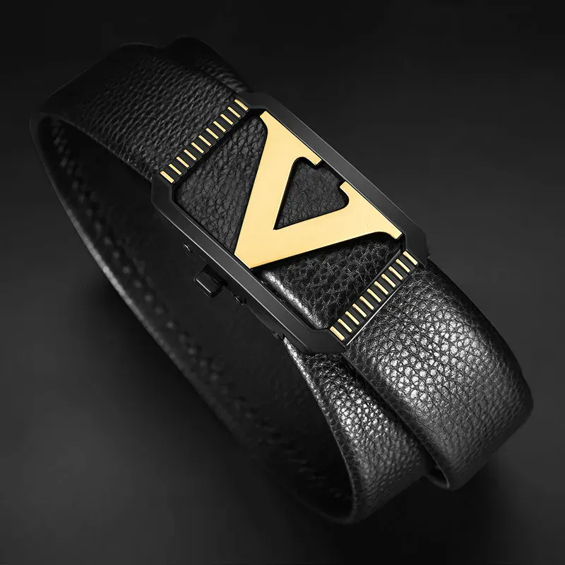 V-Apex Luxury Designer Automatic Belt Automatic designer belt with gold V-Apex logo buckle.