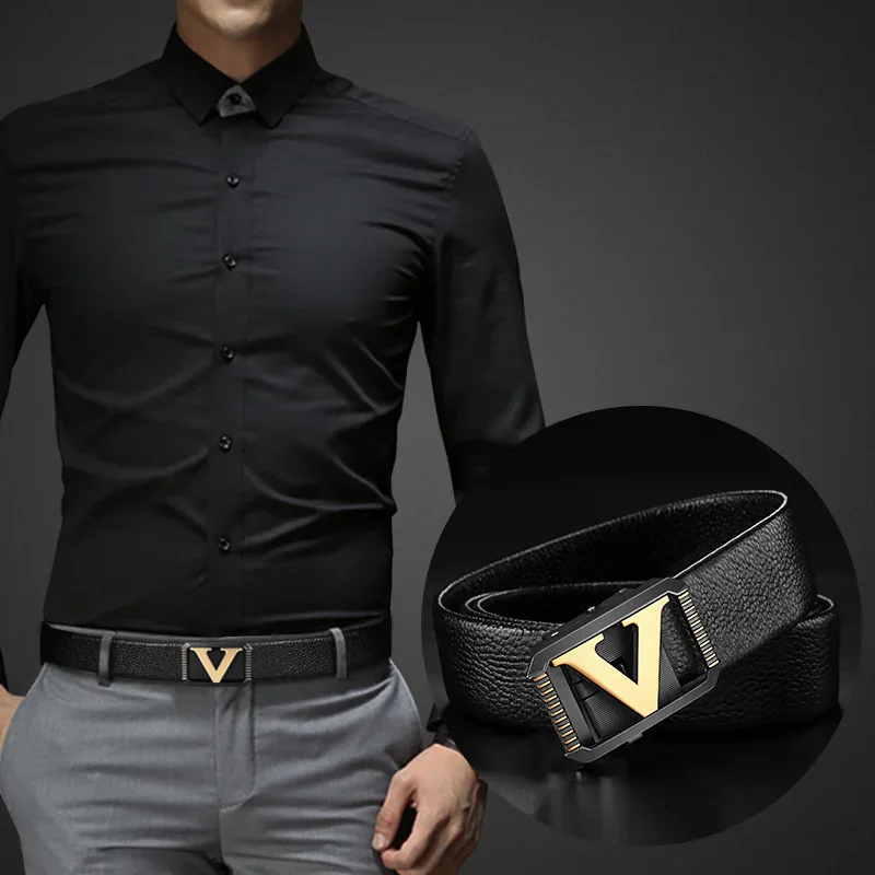 Luxury V-Apex Automatic Designer Belt for Men V-Apex luxury designer automatic belt with sleek black leather strap and gold buckle.