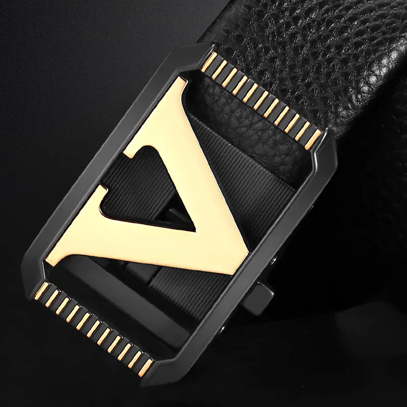 V-Apex Luxury Designer Automatic Belt Close-up of V-Apex luxury designer automatic belt with gold accents.