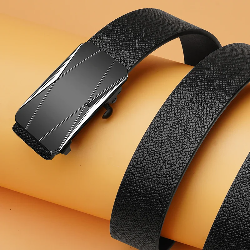 Apex Geometric Designer Automatic Ratchet Belt Automatic ratchet belt with geometric pattern, black leather strap and sleek buckle design.