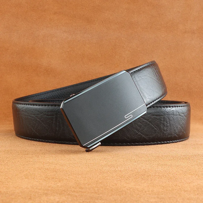 Automatic ratchet belt with sleek black buckle and genuine leather strap.