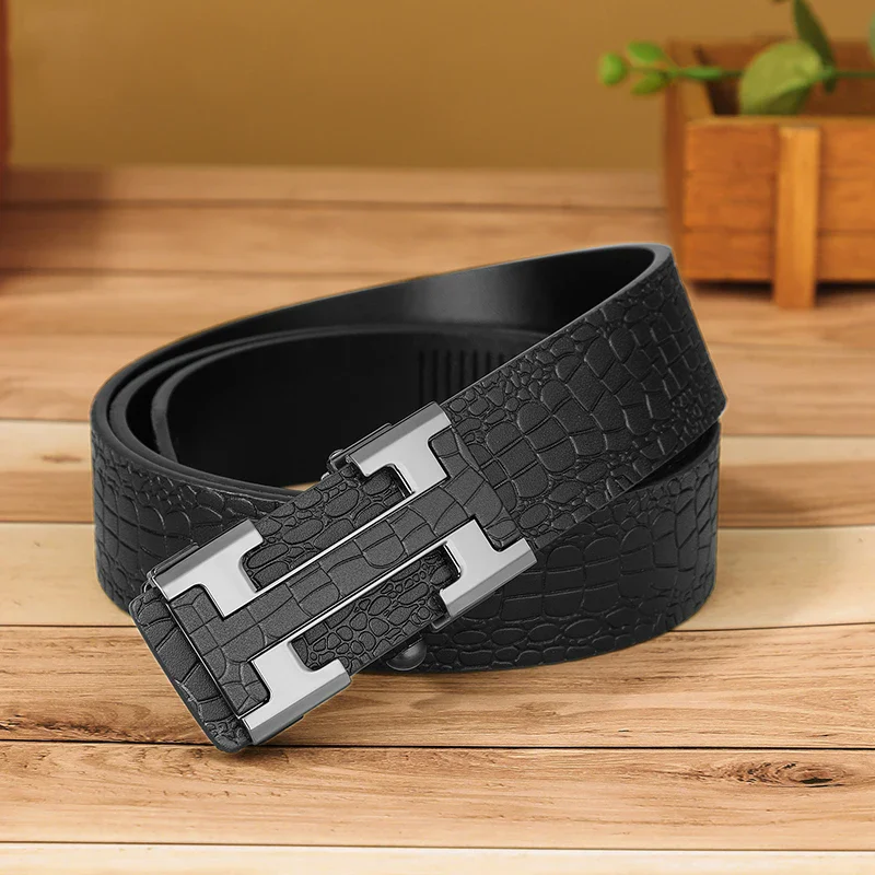 Leather Crocodile Pattern Belt with H Buckle for Men Elegant crocodile-pattern leather belt featuring a sleek H buckle, perfect for formal and casual wea.
