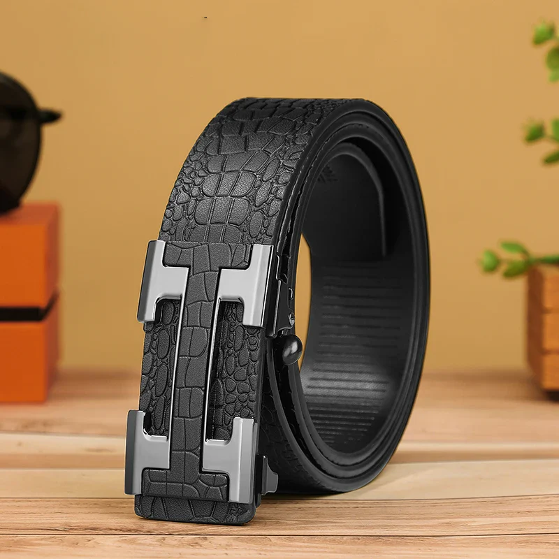 Leather Crocodile Pattern Belt with H Buckle Crocodile pattern leather belt with H buckle, stylish and durable accessory. Perfect for formal and.