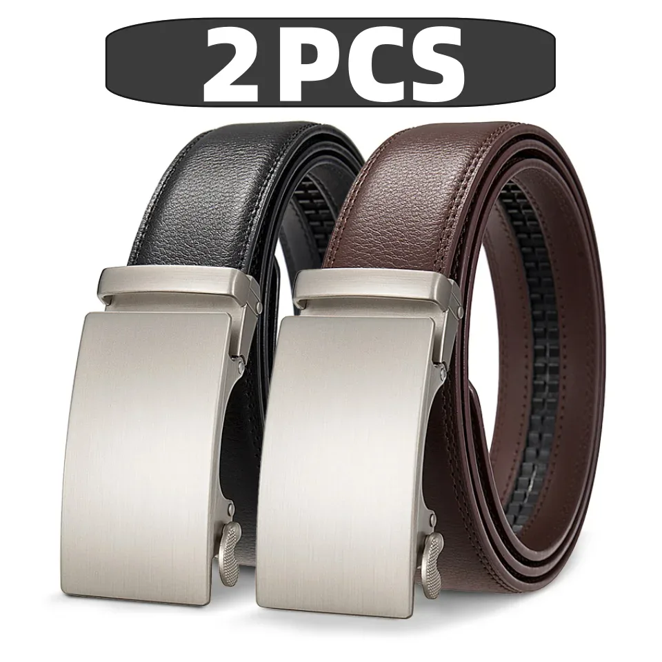 Leather and metal automatic ratchet belts for everyday comfort, black and brown options, 2-pack. High-quality leather and metal automatic ratchet belts in black and brown, perfect for daily wear.