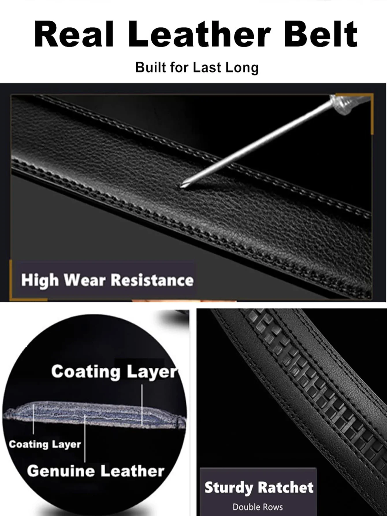 Real Leather Belt for Precise Fit Automatic ratchet belt with genuine leather and durable coating.