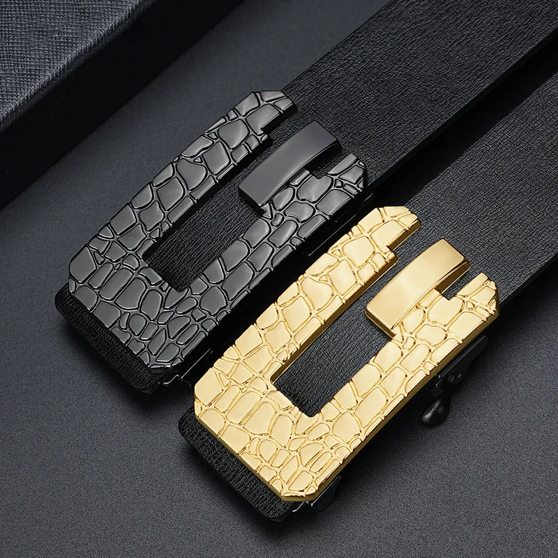 Black and gold leather belts featuring a letter-G buckle, ideal for fashion-forward outfits and vers.