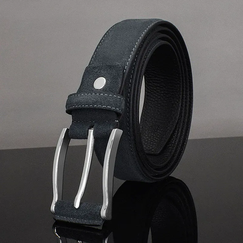 Men’s Suede Leather Casual Belt with Geometric Hardware Men's suede leather belt with modern geometric metal buckle, stylish casual accessory.