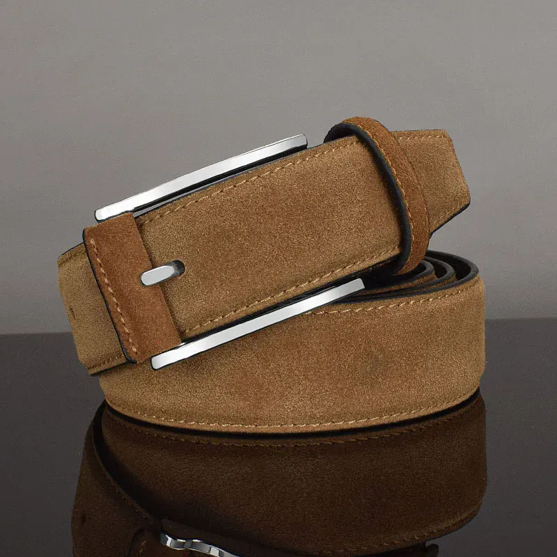 Men’s Suede Leather Casual Belt with Geometric Hardware Men's suede leather belt with modern geometric buckle design.