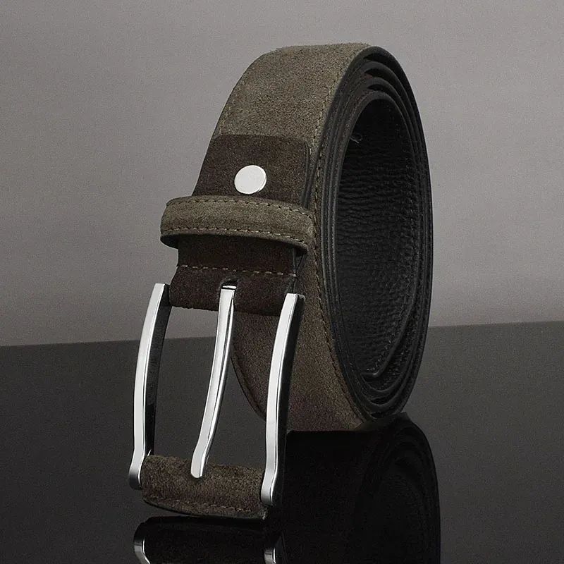 Men’s Suede Leather Casual Belt with Geometric Hardware Men’s suede leather belt with modern geometric metal buckle for casual style.
