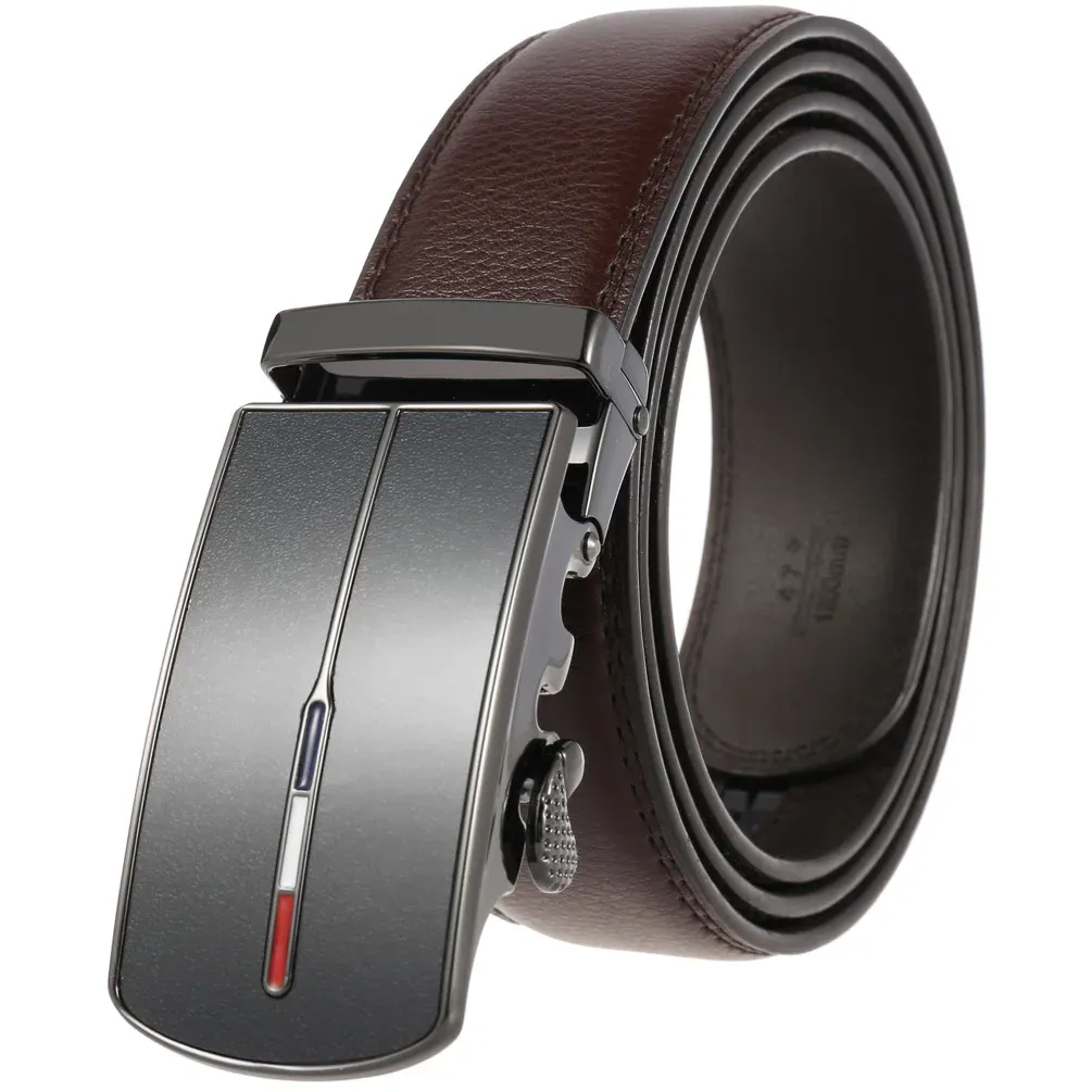 Leather Belt with Automatic Ratchet Closure for Men Automatic ratchet leather belt with sleek buckle design for easy adjustment.