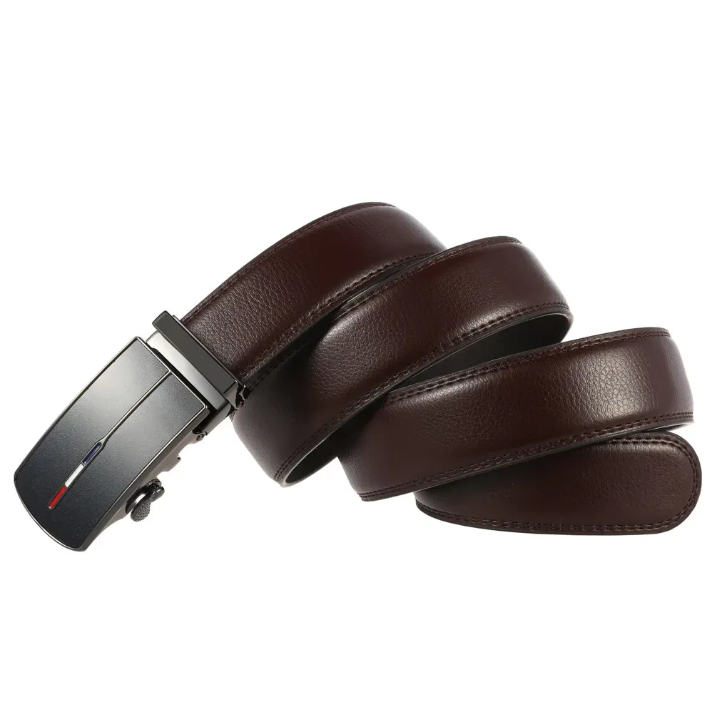 Leather Belt with Automatic Ratchet Closure for Men Elegant brown leather belt with automatic ratchet buckle for easy, secure fit. Perfect for formal an.