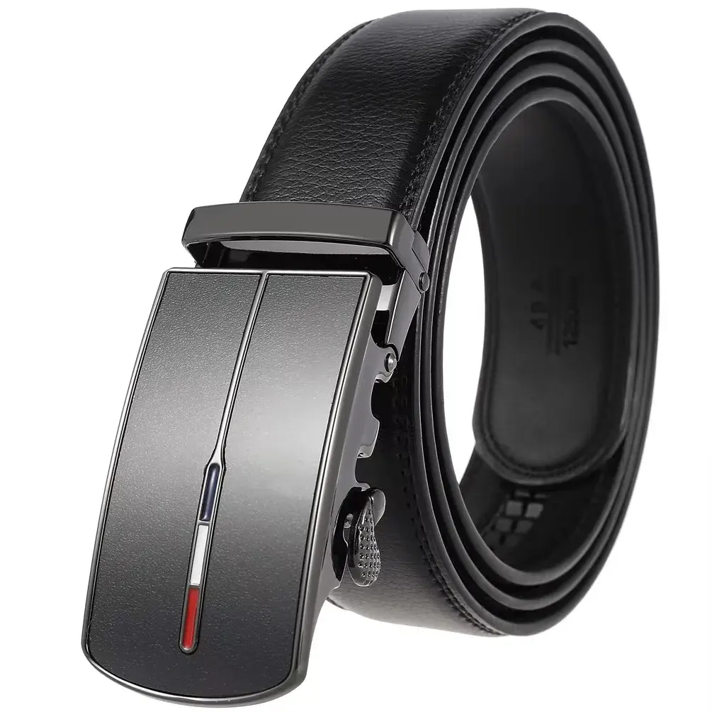 Leather Belt with Automatic Ratchet Closure for Men Automatic ratchet leather belt with sleek black design, easy to adjust and secure. Perfect for forma.