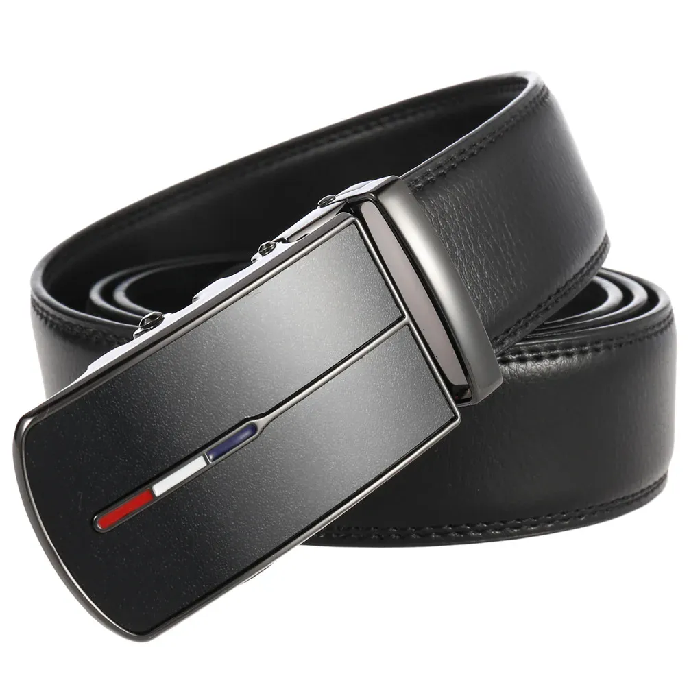 Aero-Stripe Automatic Ratchet Leather Belt Automatic ratchet leather belt with sleek black design and easy-to-use buckle.