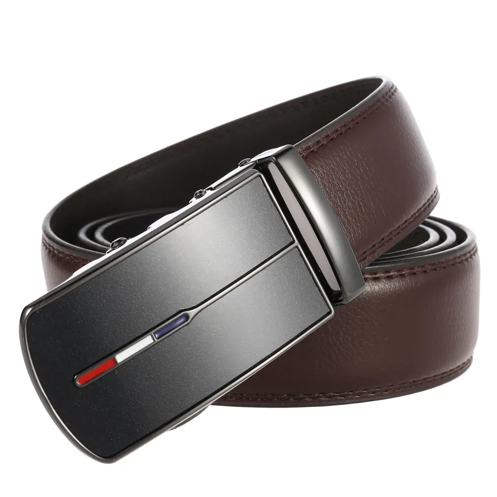 Leather Belt with Automatic Ratchet Buckle for Men Automatic ratchet leather belt with sleek buckle design for easy adjustment.