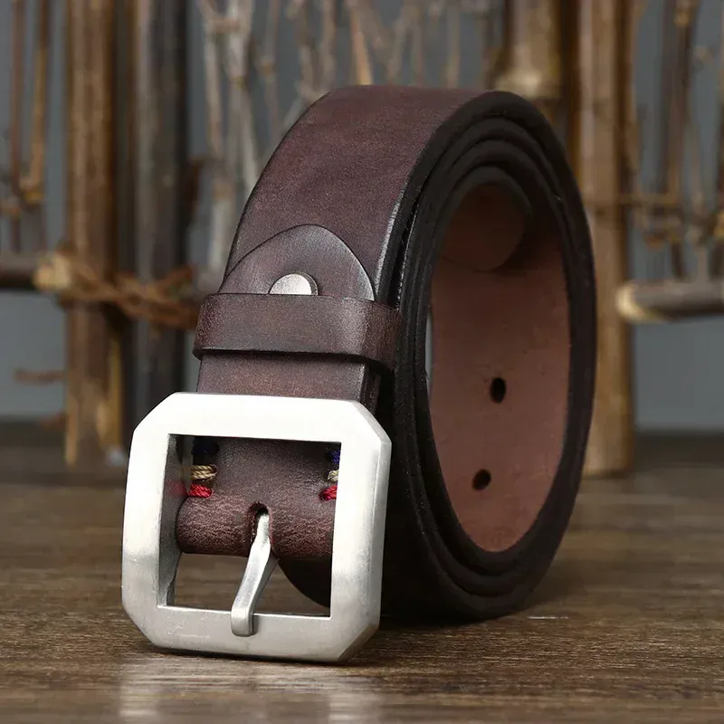 Men’s Cowhide Leather Belt with Steel Buckle High-quality men's leather belt with brushed steel buckle, 3.8cm thick, durable and stylish accessor.