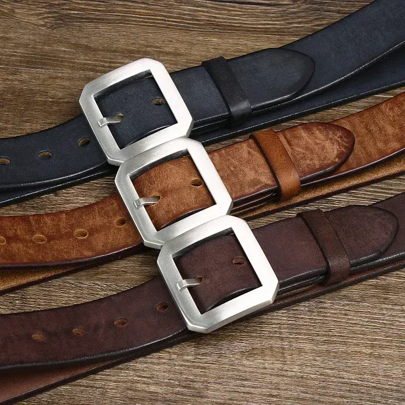 Men’s Leather Belts with Steel Buckles Men’s 3.8cm Thick Cowhide Leather Belt with Brushed Steel Buckle.