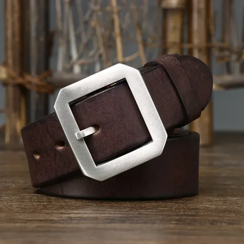 Men’s Cowhide Leather Belt with Steel Buckle Men’s leather belt with brushed steel buckle, 3.8cm thick, durable cowhide material.