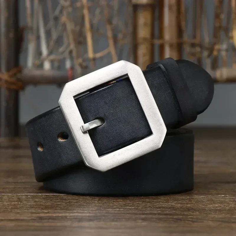 Men’s Cowhide Leather Belt with Steel Buckle Men’s 3.8cm thick cowhide leather belt featuring a brushed steel buckle for durability and style. Pe.