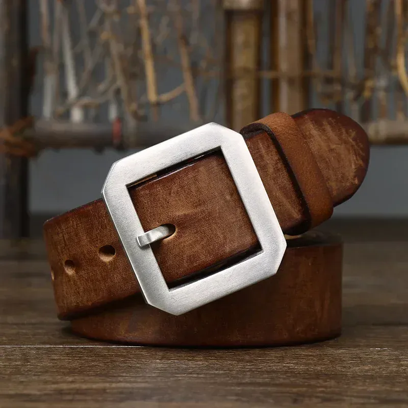 Men’s Cowhide Leather Belt with Steel Buckle Men’s 3.8cm thick cowhide leather belt with brushed steel buckle for durable style.