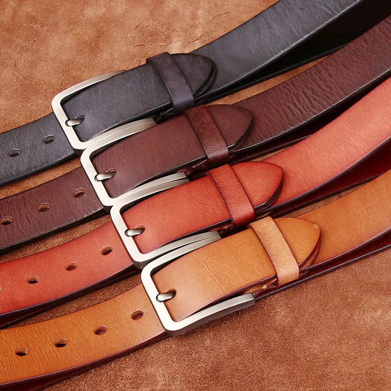 Men’s Genuine Leather Belts with Matte Pin Buckle High-quality leather belts featuring matte pin buckles, available in black, brown, tan, and cognac s.