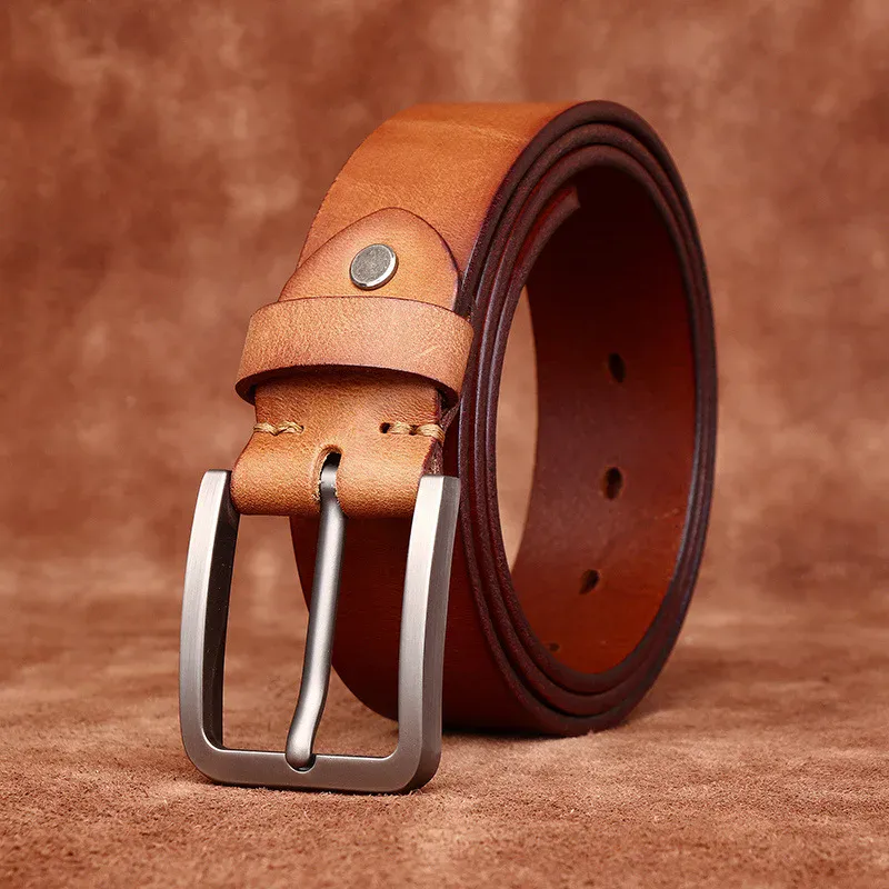 Leather Belt with Matte Pin Buckle for Men Men's genuine leather belt with matte finish pin buckle, 3.8cm wide, stylish and durable accessory.