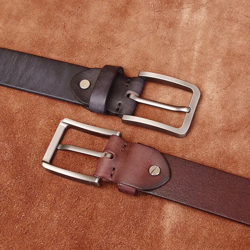 Leather belt with matte pin buckle for men, 3.8cm wide, stylish and durable accessory. Men's genuine leather belt with matte pin buckle, 3.8cm width, perfect for formal or casual wear.