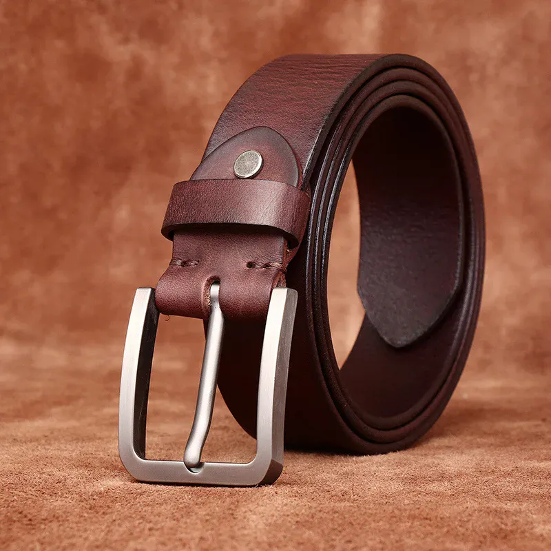 Leather Belt with Matte Pin Buckle for Men Genuine leather men's belt with matte pin buckle, 3.8cm wide, stylish and durable accessory. Perfect.