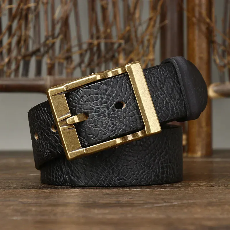 Textured Cowhide Jeans Belt with Brass Buckle Cowhide leather belt with solid brass pin buckle, textured finish, perfect for casual or western sty.